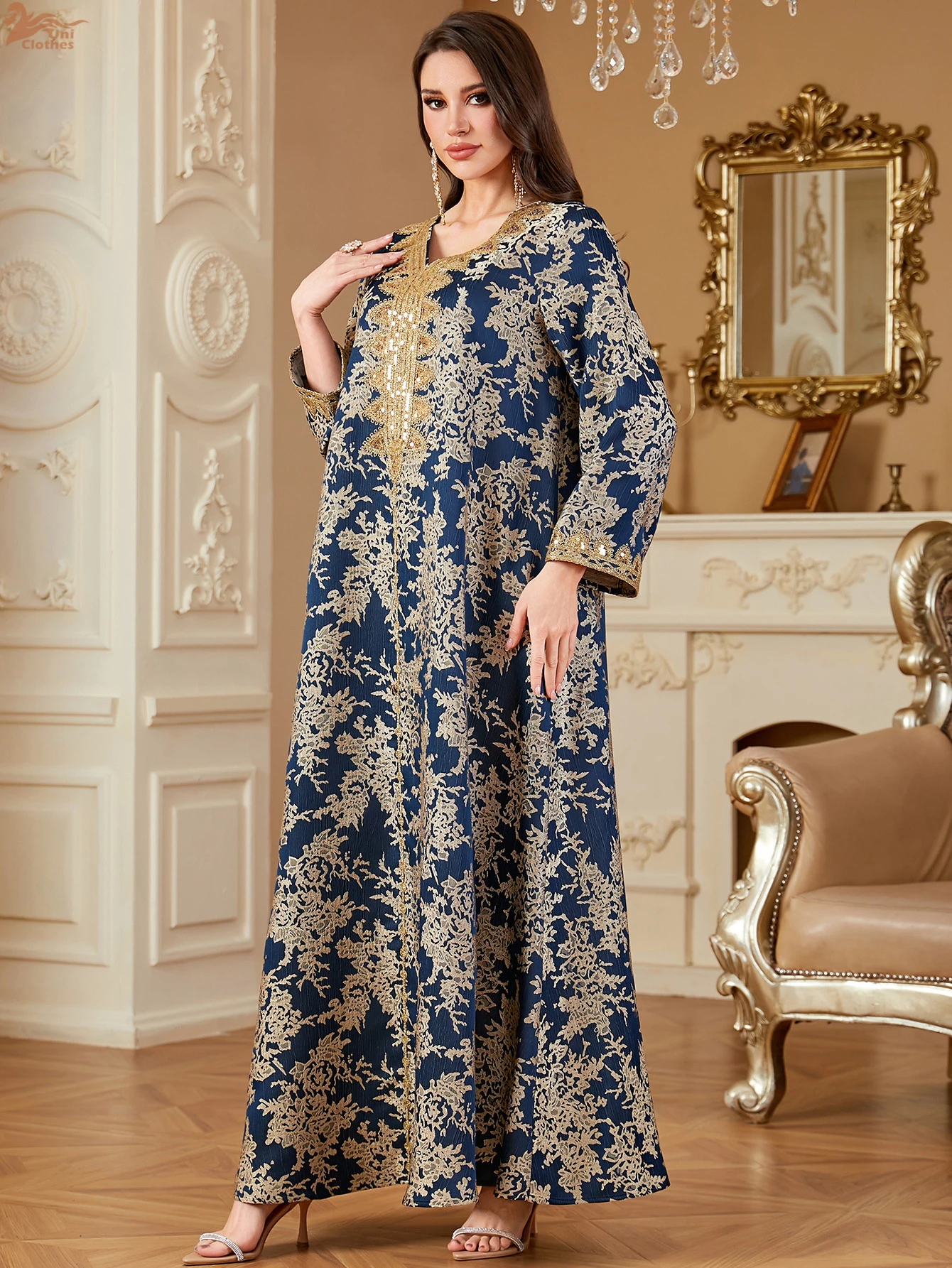 Uni Luxus Frau Abendkleid Muslimischen Pailletten Stickerei Abaya Jacquard Kaftan Marocain Femme 2026