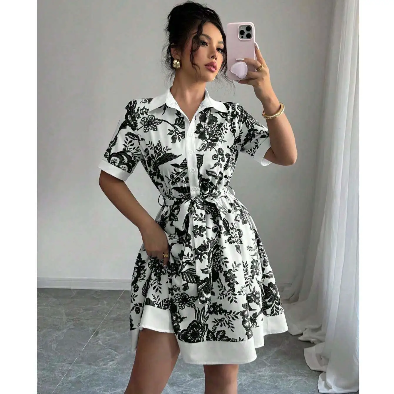 Elegant Workwear Simple Print Turn-down Collar Single-button Short-sleeve Dress with Right Shoulder Belt Women's Fashion Dress
