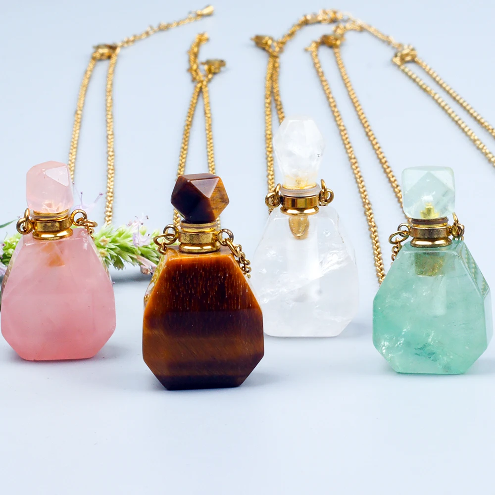 Quartzo natural reiki cura ametista colar facetado óleo essencial perfume garrafa pingente aromaterapia jóias