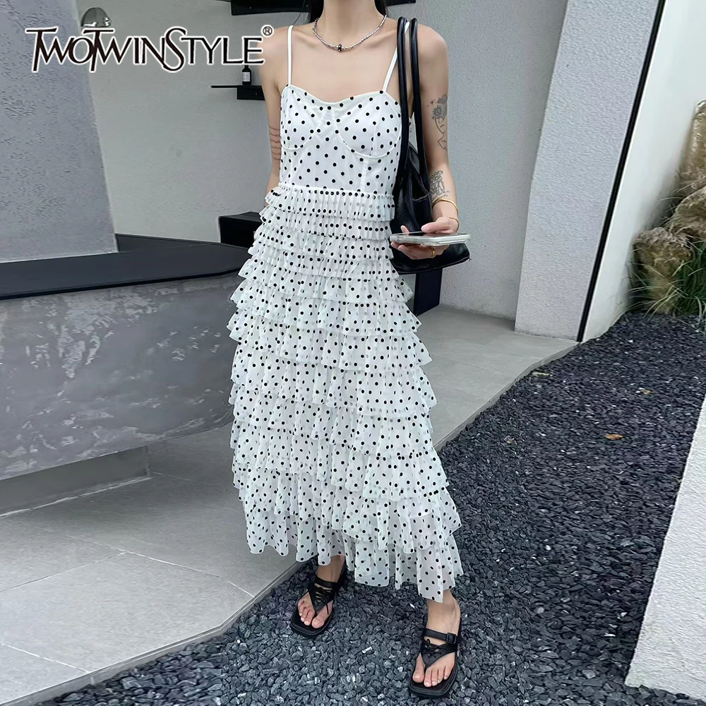 

TWOTWINSTYLE Hit Color Dot Dresses for Women Square Collar Sleeveless High Waist Spliced Mesh A Line Dress Female Fashion 2026