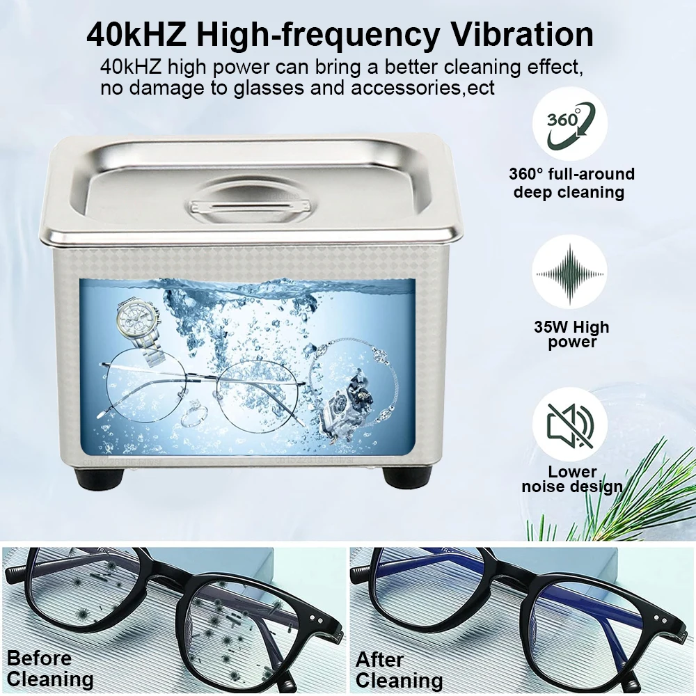 Ultrasonic Cleaner 35W High Frequency Ultrasound Glasses Jewelry Denture Tool Cleaning Machine 800ml Ultrasonic Washing Bath