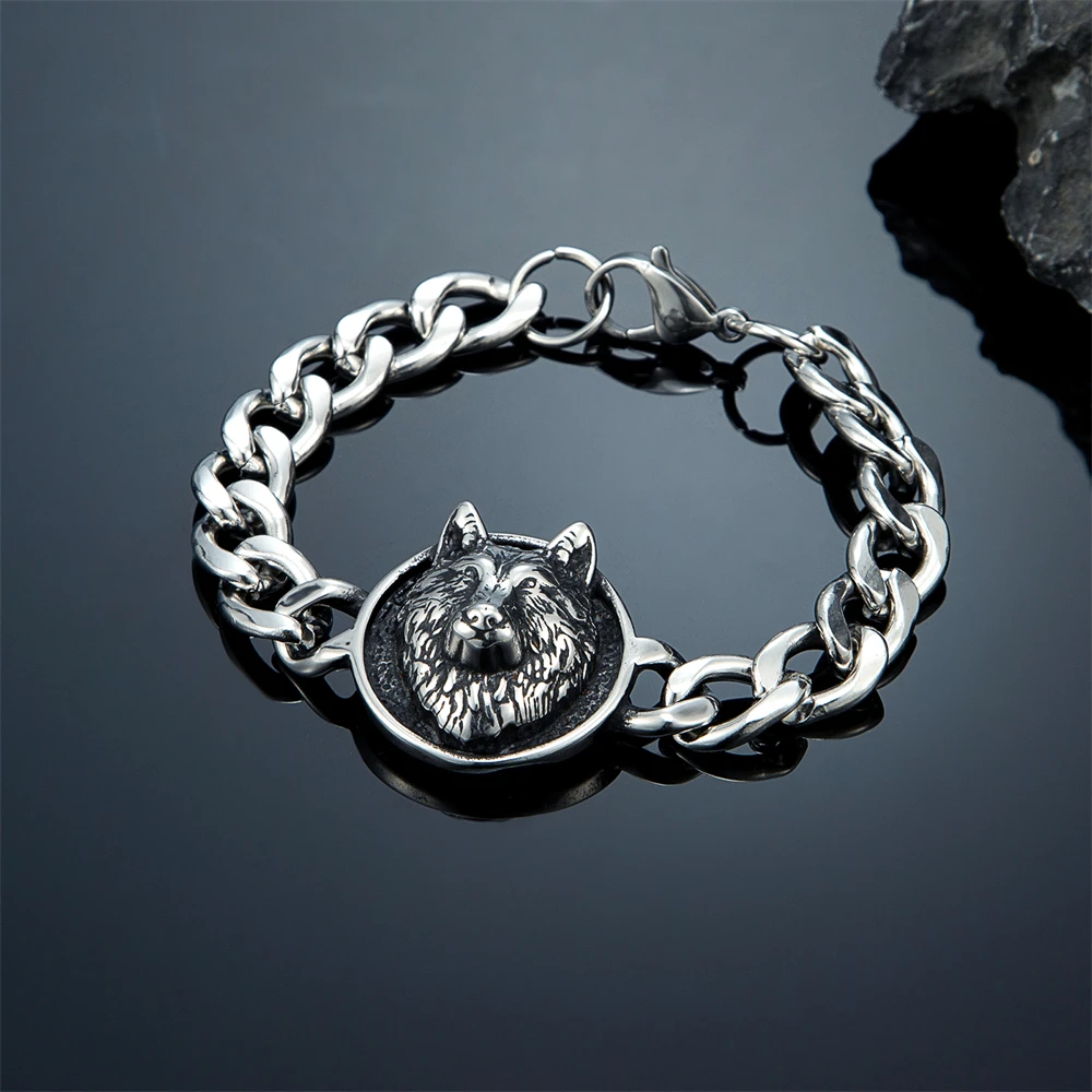 Men Viking Rune Wolf Head Bracelet Stainless Steel Punk Norse Mythology Jewelry Celtic Wolf Cuba Chain Bangle Gothic Style Gift