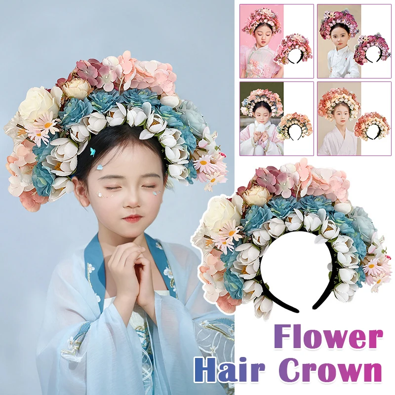 Chinese Style Bride Photographic Prop Flower Hair Crown Han Robe Headpiece Personal Portrait Stage Performance Headdress Cutter