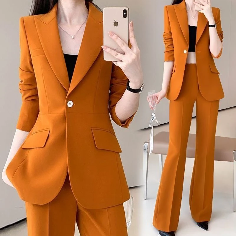 

Women Fashion Commute Two Piece Set Office Lady Autumn New Bussiness Solid Color Slim Fit Coats+Flared Trousers