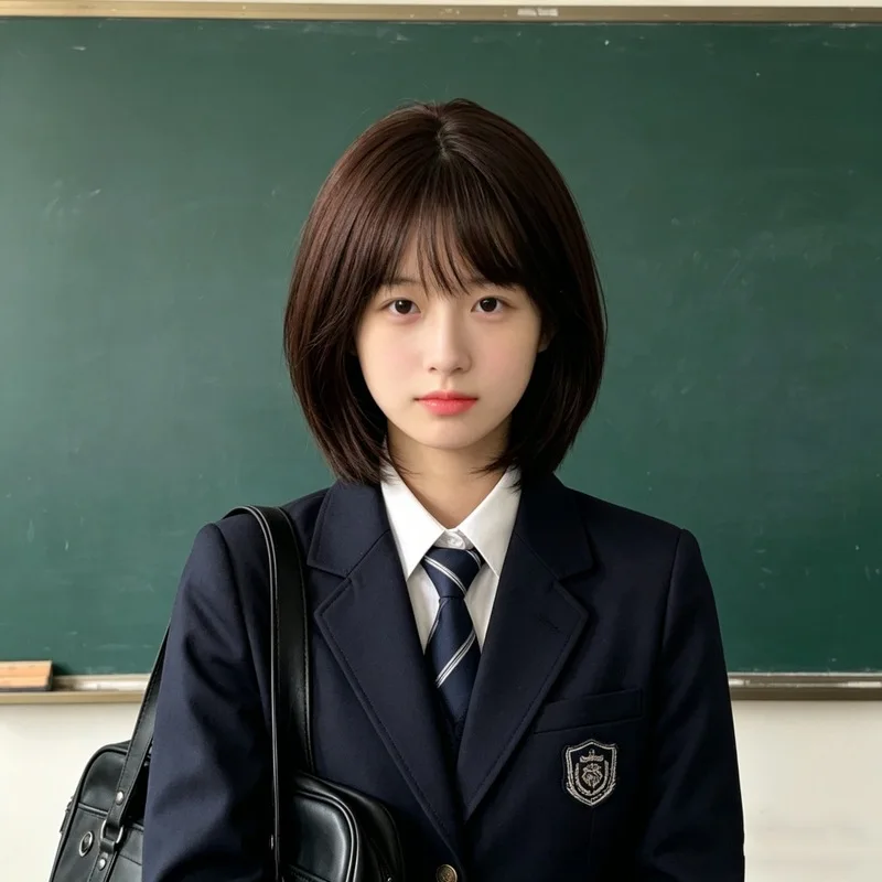 Short bob wig for female students with air bangs, natural face-shaping, realistic wig