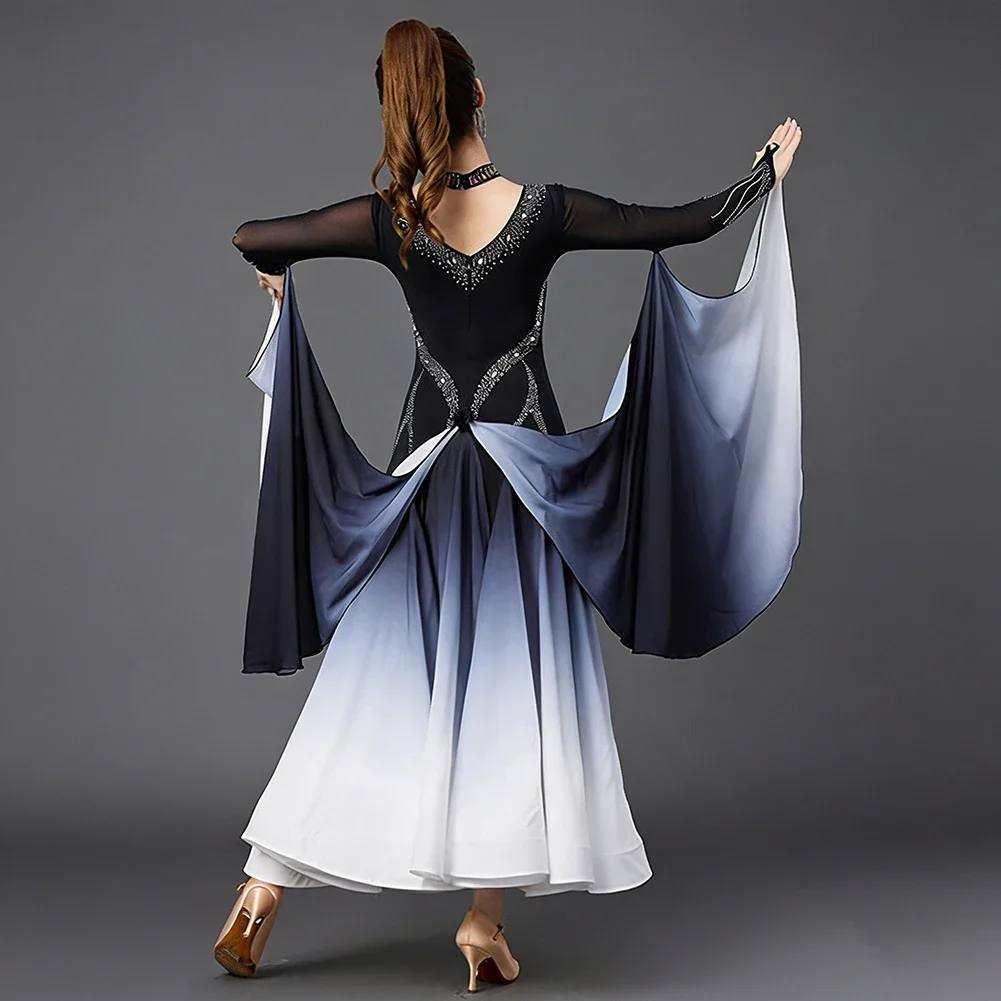 Long Sleeve Competition Elegant Waltz Ribbon Stage Costume Show Women's Modern Dance Gradient Standard Dance Dress