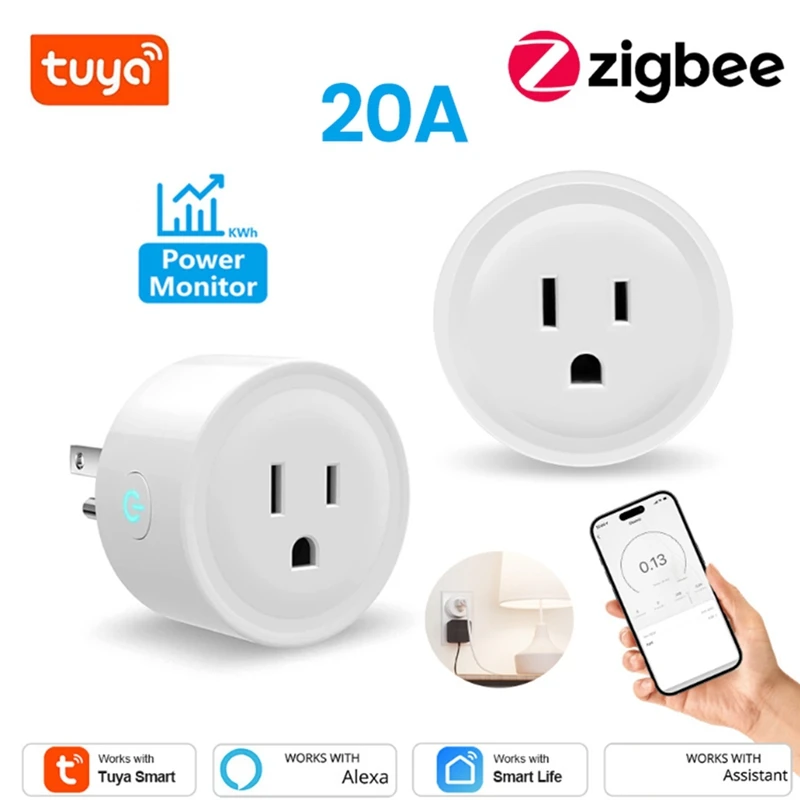 

TUYA 20A Smart Plug Zigbee Socket With Power Monitor Timing Function Voice Control Works US Plug