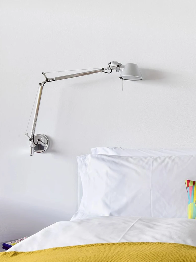 Long Arm Wall Lamp Silver Black Metal E27 Bulb Switch
