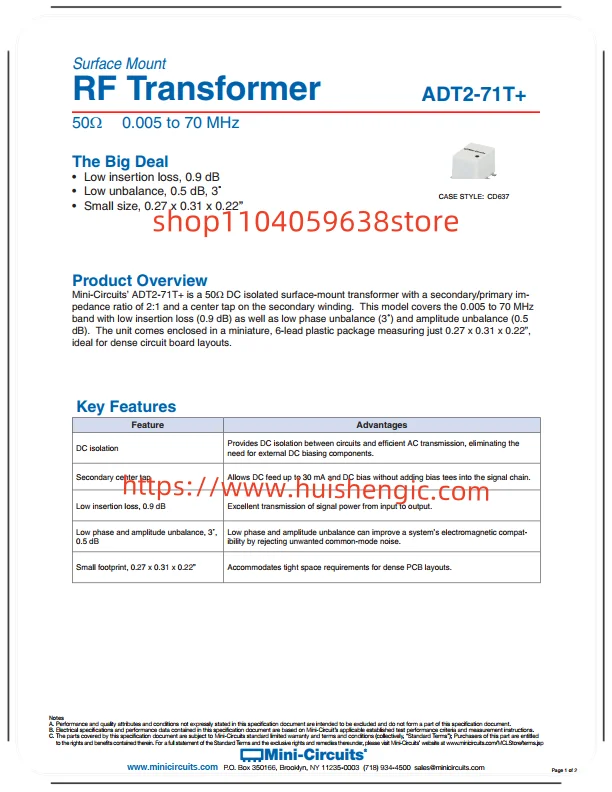 ADT2-71T+      RF balun transformer 5kHz ~ 70MHz 1:2 6-SMD, flat leads