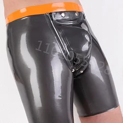 100% Natural Latex Sexy Mens Black Fetish Latex Short Pants Open Punch Rubber Suits with Zip