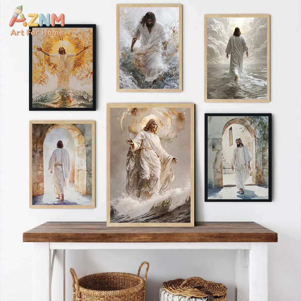 AZNM Impression sur toile Jésus-Christ marchant sur l'eau, style peinture à l'huile religieuse, figure chrétienne sacrée, art mural sur toile non encadré