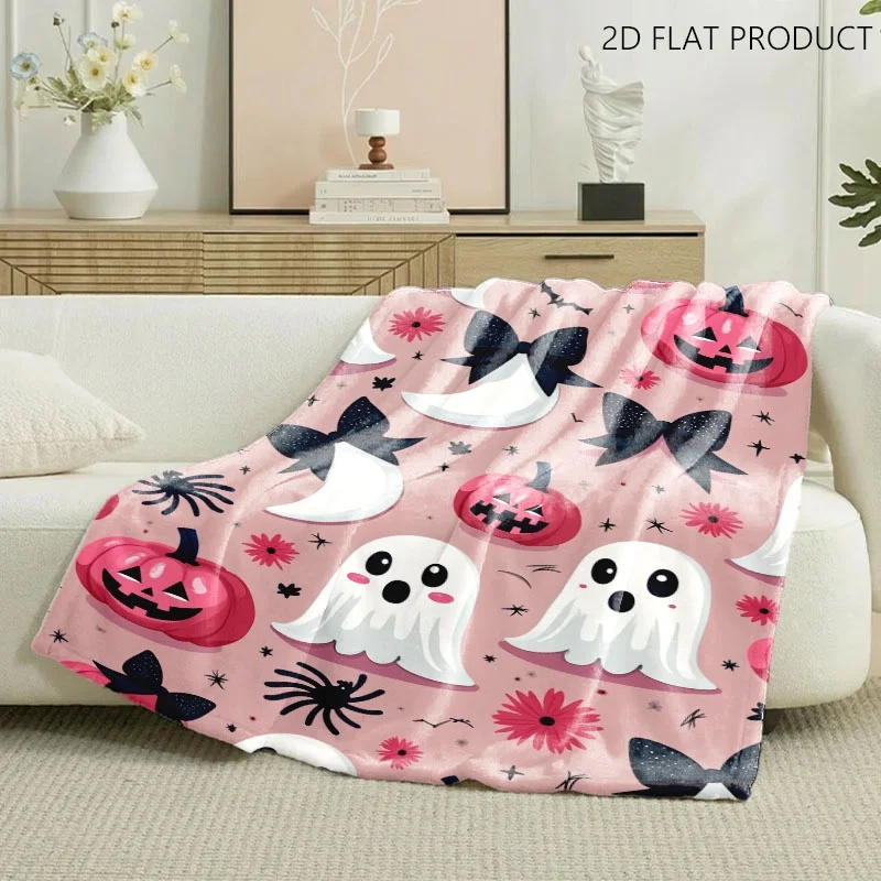 Playful and quirky Halloween print blanket, featuring a light pink base with cute ghost, pumpkin, spider, and bat patterns, available in various sizes, a comfortable nap blanket suitable for everyday use in bedrooms, on sofas, and in offices