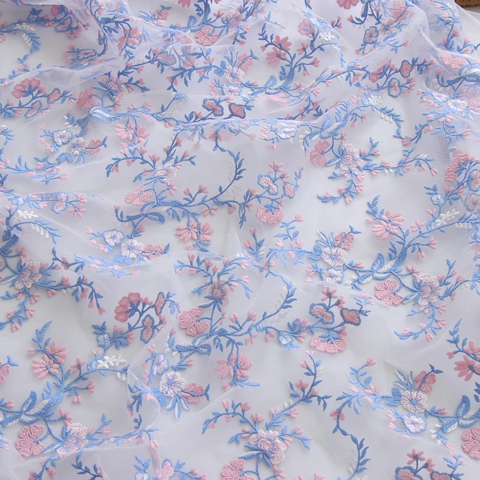 

Mesh fabric water blue embroidery lace fabric skirt wedding dress clothing designer fabric handmade DIY fabric