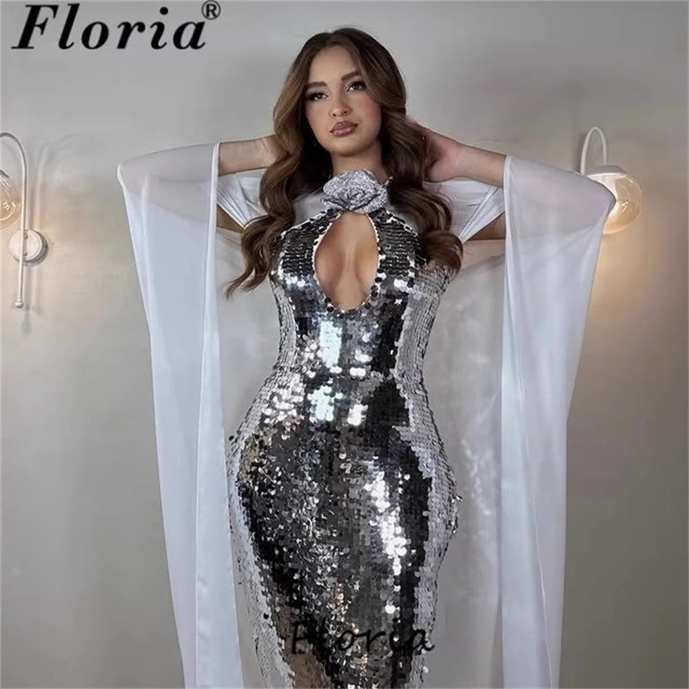 

Elegant Silver Sequins Prom Dresses With Cape Long Sleeves Customized Mermaid V Neck Cocktail Evening Dress Wedding Party Gowns
