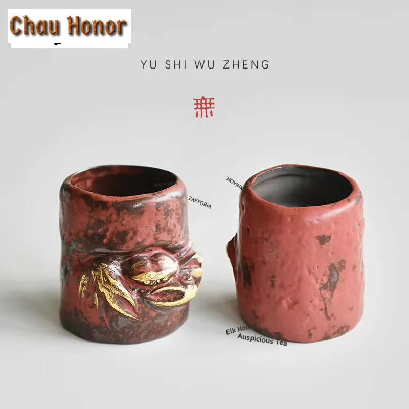 190ml Handmade Crab Painted Gold Coarse Tea Cup Pink Yin Stoneware Tea Set Ceramic Msater Cup Thank You Shot Glass Mug Drinkware