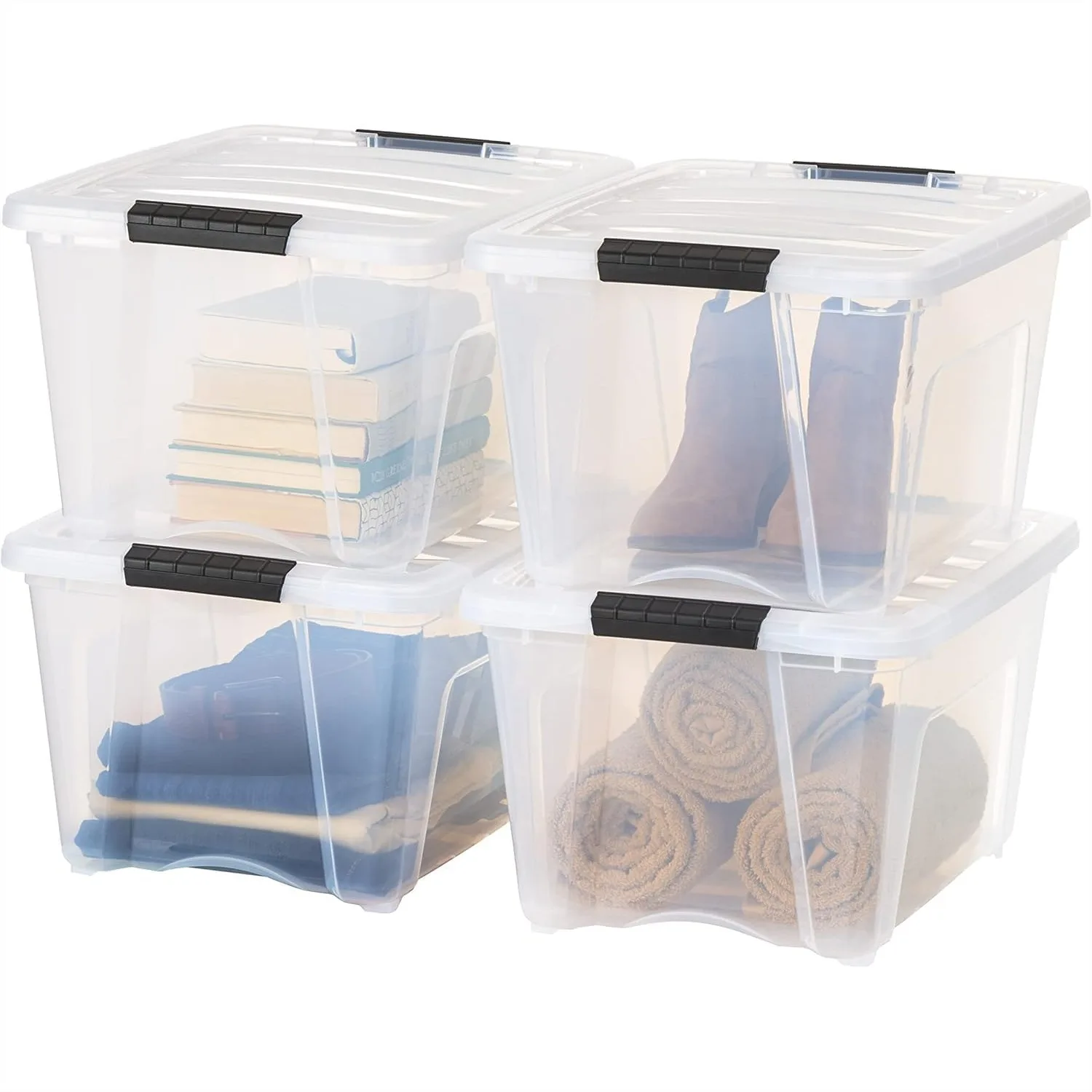 

32 Qt Stackable Plastic Storage Bins with Lids, 4 Pack - Clear See-Through Organizing Solution with Secure Latches and Pull