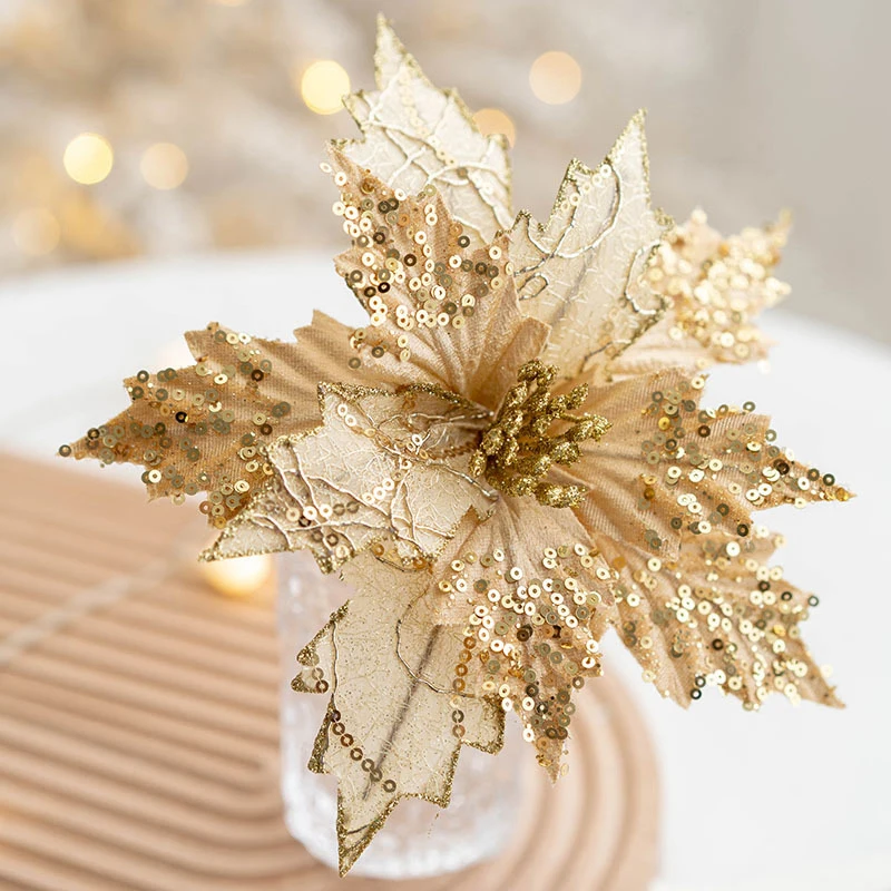 Gold Glitter Artificial Christmas Flowers For Xmas Tree Ornaments Poinsettia Flower New Year Home Diy Decor Fake Flower Gift