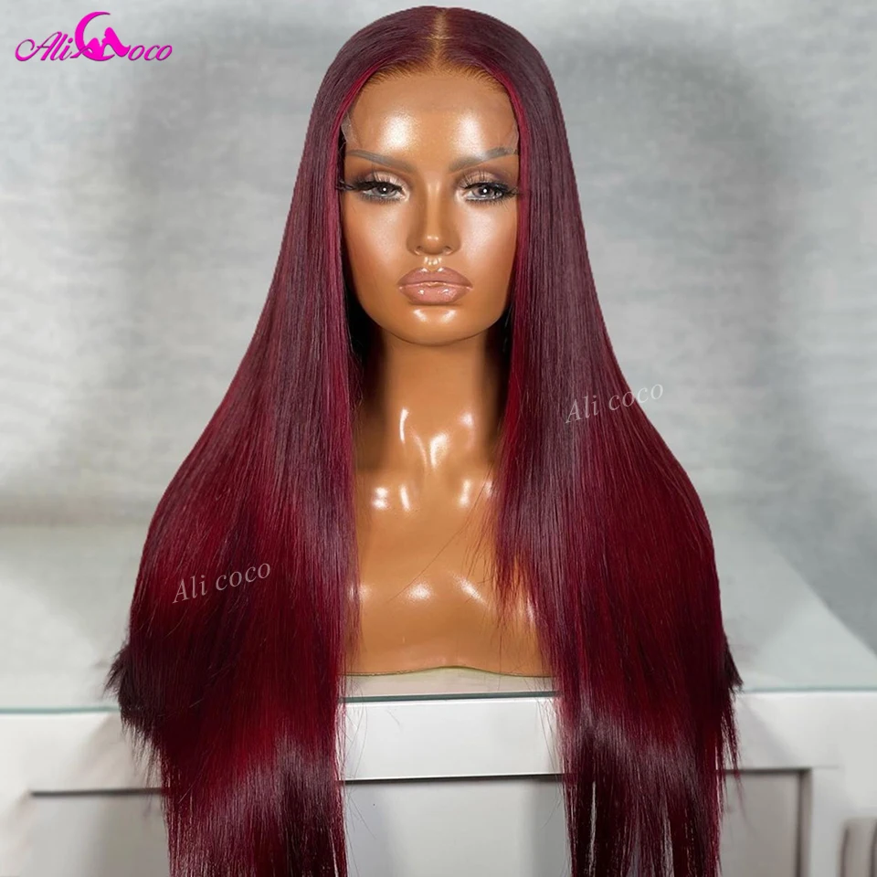 

34 36 Inches Straight 99J Lace Frontal Wigs Human Hair 5x5 Closure Wig 200 Density Burgundy 13x4 Lace Front Wig For Women