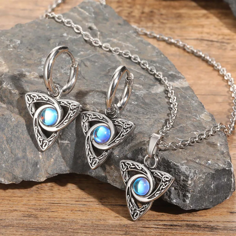 Vnox Vintage Celtic Knot Pendant with Moonstone Inlaid Necklaces for Men Women, Witch Knot Collar Jewelry with Box Chain