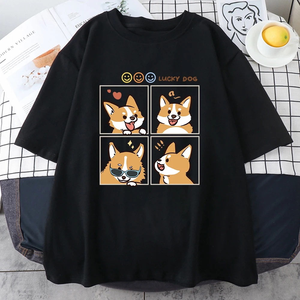 Four Different Moods Of Lucky Dog Chai Gou Male Tee Shirt Graphic Oversized Tshirt High-Quality Soft Tees Cotton Breathable Tops