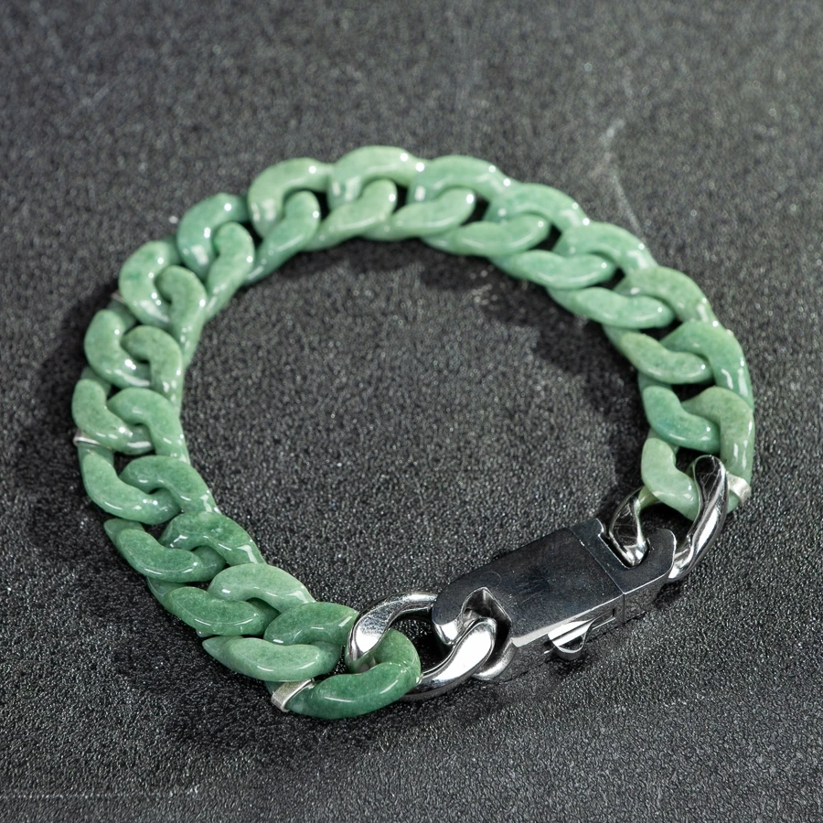 

TIMESWIND Upgrade and Reinforce Trendy Green Natural A-type Jade Cuban Chain Titanium Steel Men Bracelet Certificate