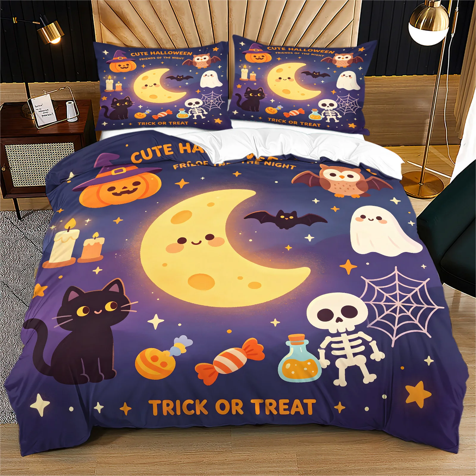 Lovely Cute Halloween Duvet Cover Set Cartoon Moon Pumpkin Ghost Black Cat Bedding Set Trick Or Treat Quilt Cover Pillowcase