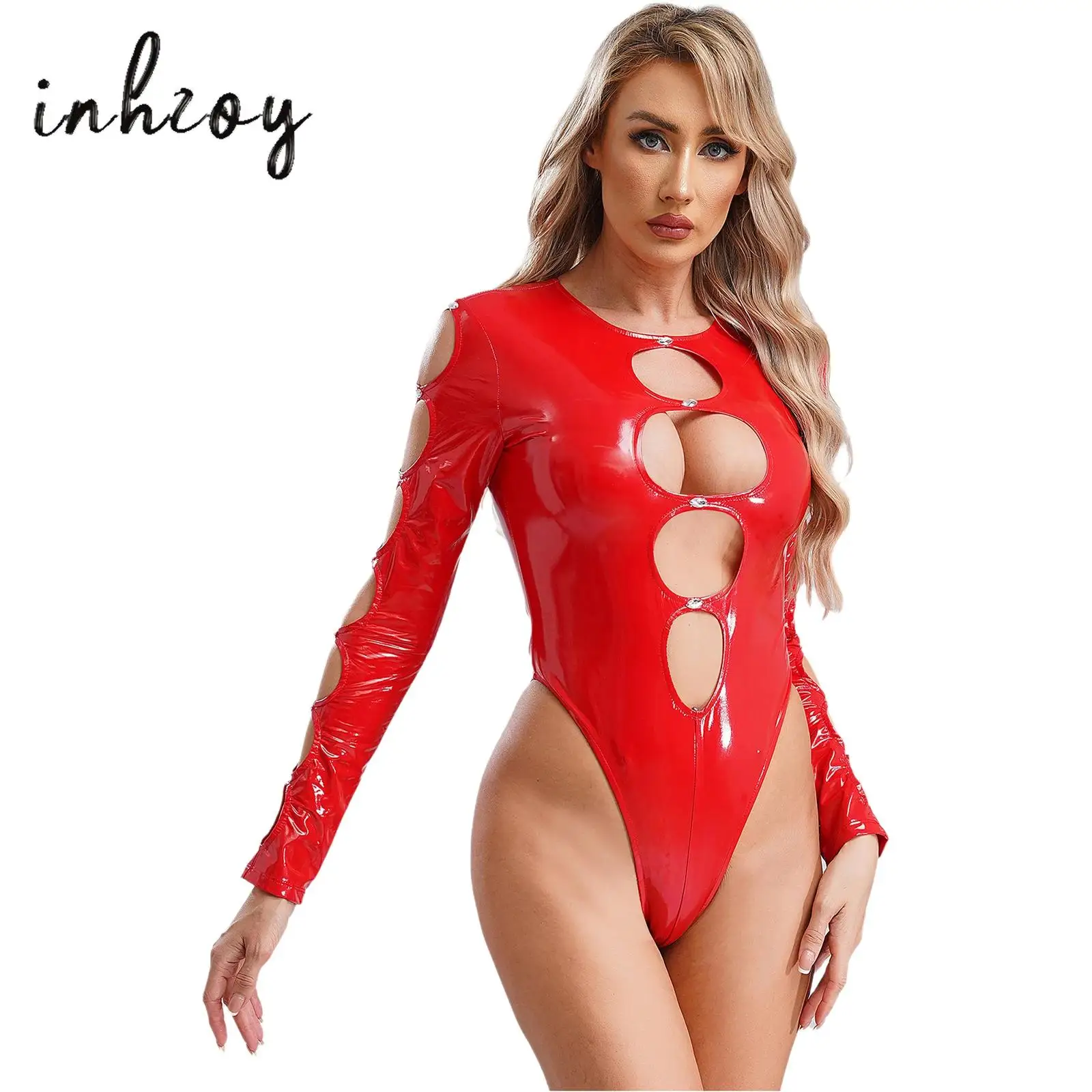 

Womens Sexy Bodysuit Lingerie Glossy Patent Leather High Cut Thong Leotard Catsuit Tempting Hollow Out Latex Jumpsuit Clubwear