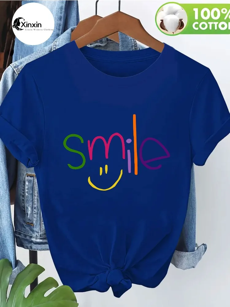 Women's 100% Cotton Round Neck T-shirt Comfortable To Wear Featuring A Vibrant Modern-style Smiling Lettering Print Shirt Top