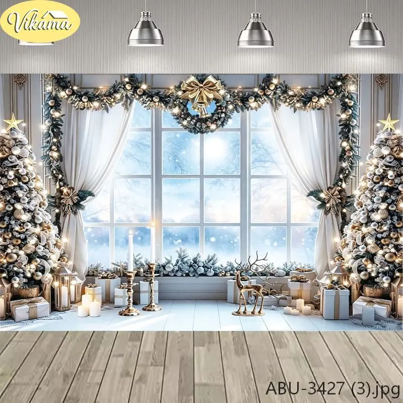 VIKAMA Photography Background Christmas Window Trees Candles Scene Photo Backdrop Family Party Birthday Festival Home Decor