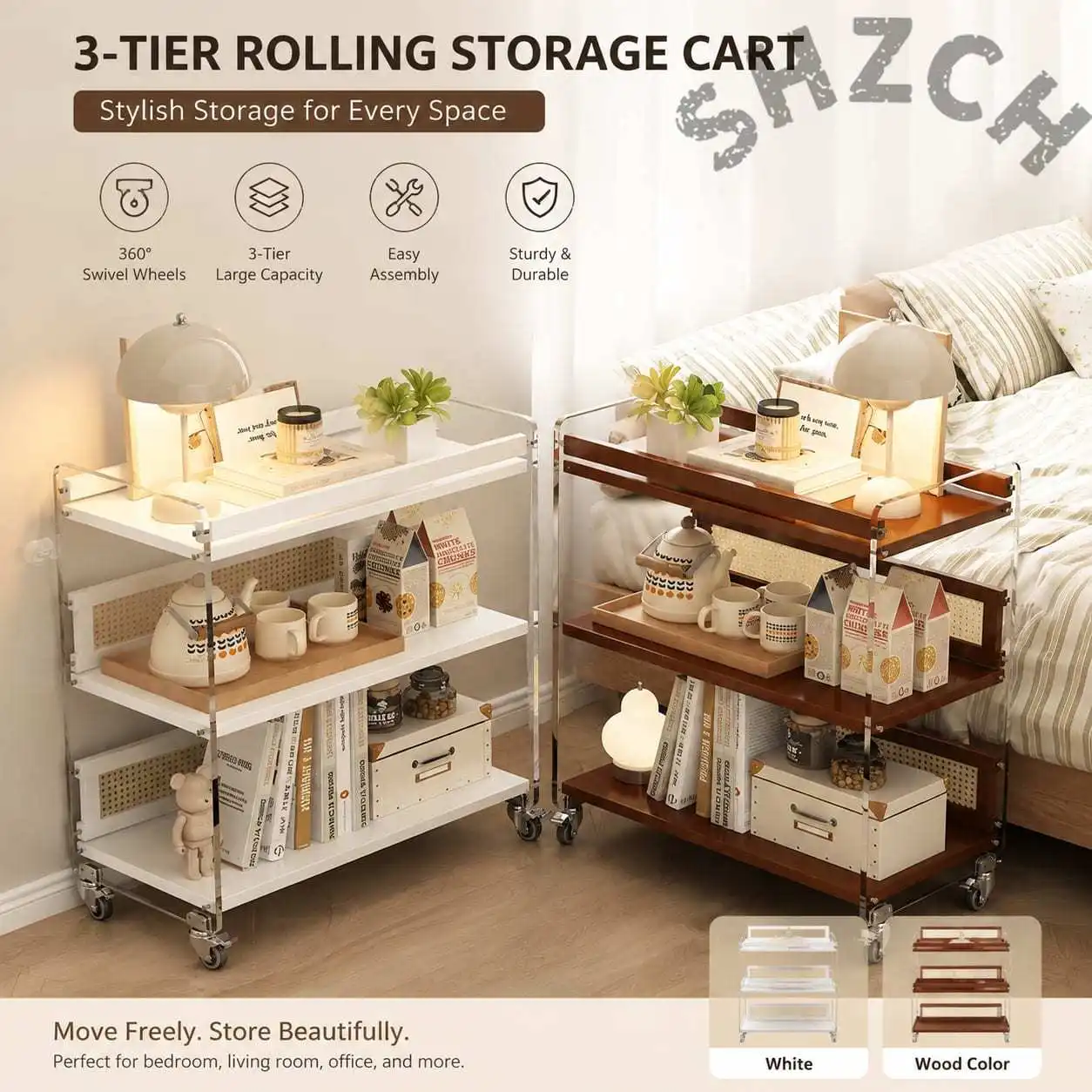 Vintage-Style Rolling Serving Cart with Wooden Top and Locking Wheels – Compact Mobile Side Table for Living Room or Kitchen