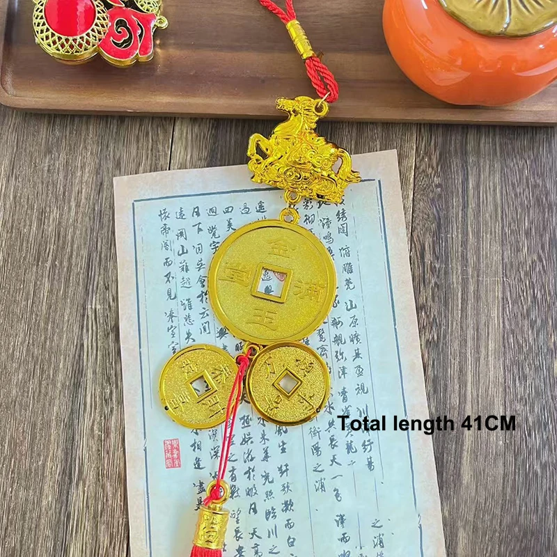 {MX} Gold Plated Horse Zodiac Pendant With Lucky Coin Chinese New Year Ornament Green Plant Potted Hanging Charm Lucky Gift