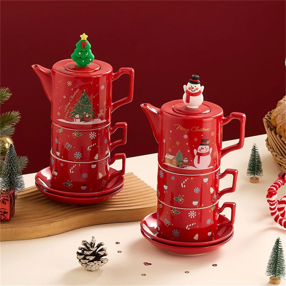 Red Santa Claus Snowman Elk Teapot teacup Christmas Ceramics Teaware Sets Coffee Cup Saucers Stackable Xmas Gift Ceramics Cups