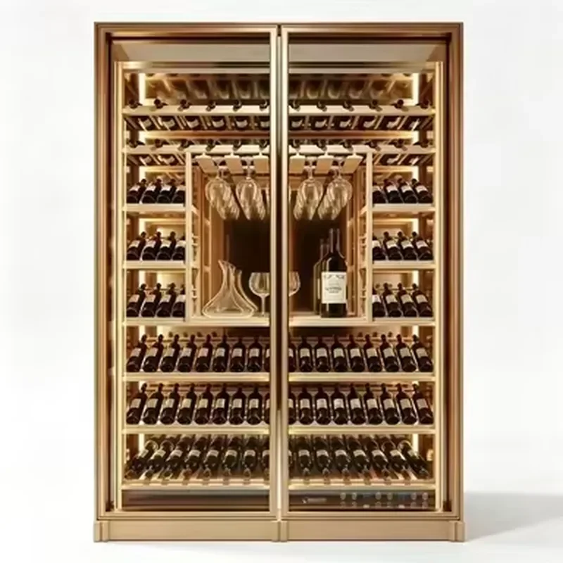 Champagne Gold Double Door Wine Cabinet Built-in LED Light Glass Display Cooler Rack Home Kitchen Restaurant Bar