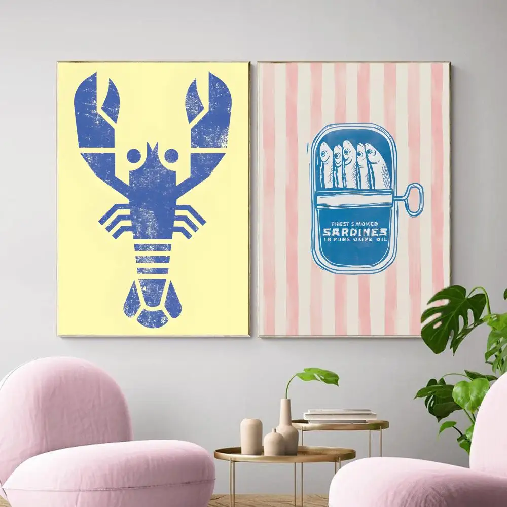 Colourful Sardines Lobster Fish Marine Painting Calligraphy Canvas Poster Wall Art Aesthetic Home Decoration for Living Room