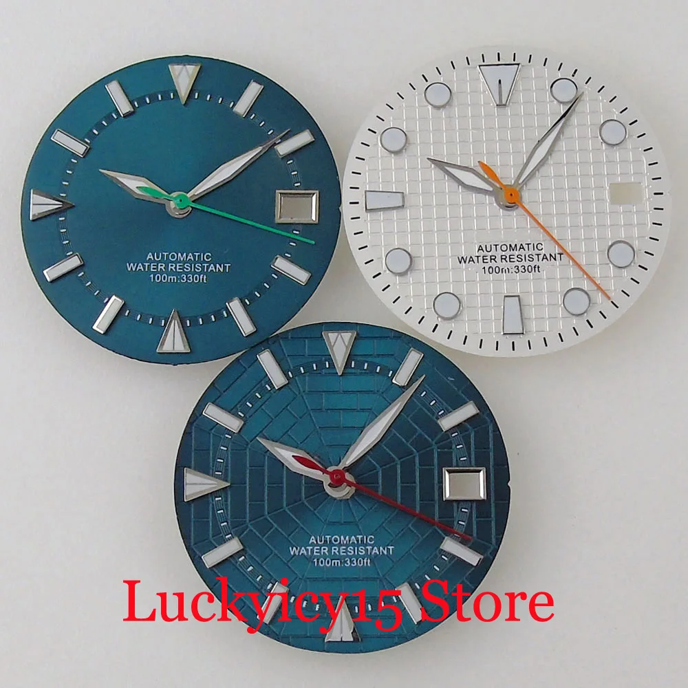 Bliger 29mm Sterile White/Sky Blue Watch Men Dial Hand Set Green Luminous Fit For NH35A NH36A SKX 007 SRP 7S26 4R35 7002