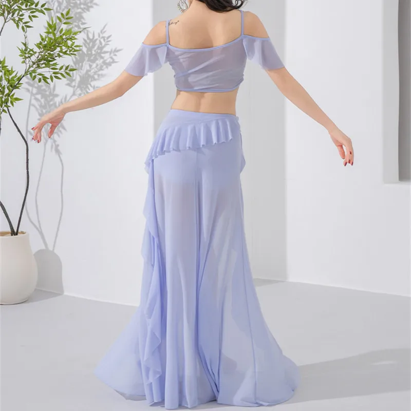 Women Light Belly Dance Costume Set Off Shoulder Crop Top & Ruffle High Split Long Skirt 2pcs Outfit For Practice Photoshoot view 2