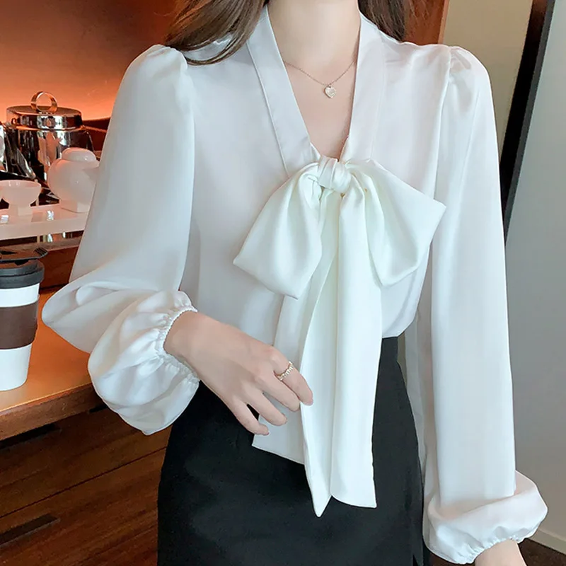 

2025 Fashion Long Sleeve Bow Collar Women Shirt White Satin Elegant Soft Shirt Blouse Women Tops Camisas De Mujer Blusas N666