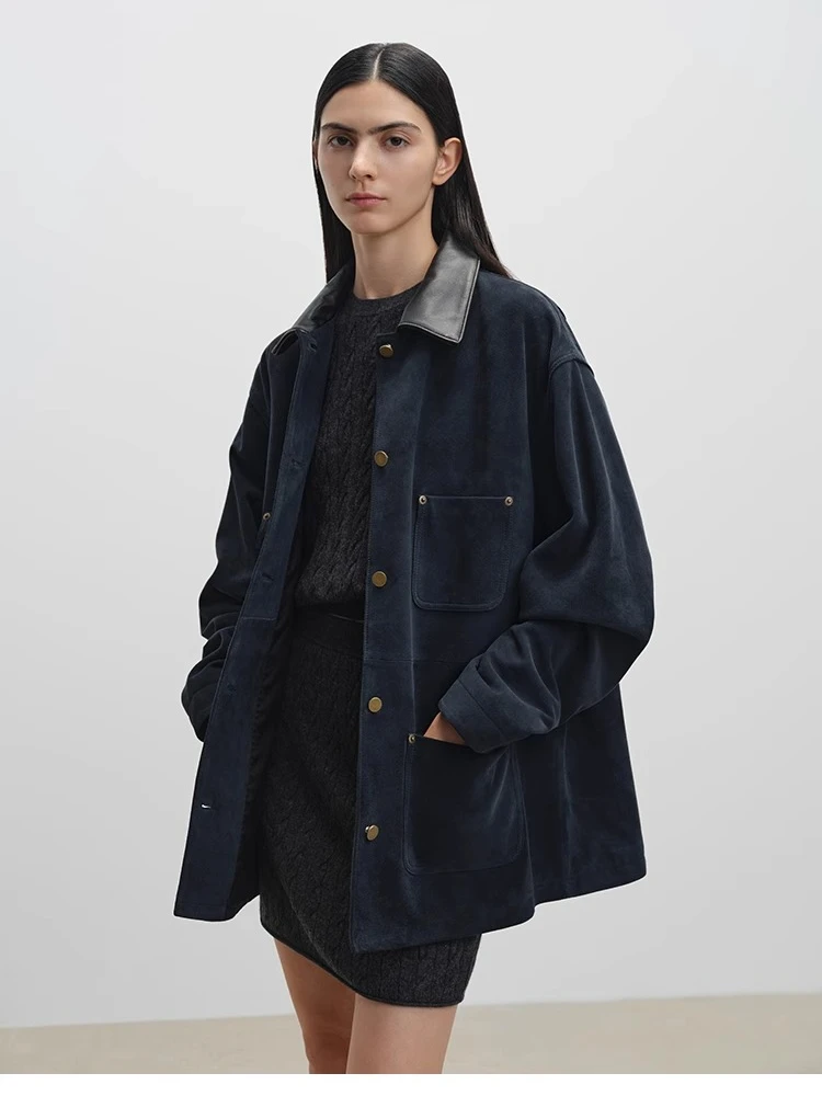 Vintage Genuine Leather Cargo Jackets for Women Spring Autumn High-end Classic Simple Single Breasted Real Sheepskin Suede Coat