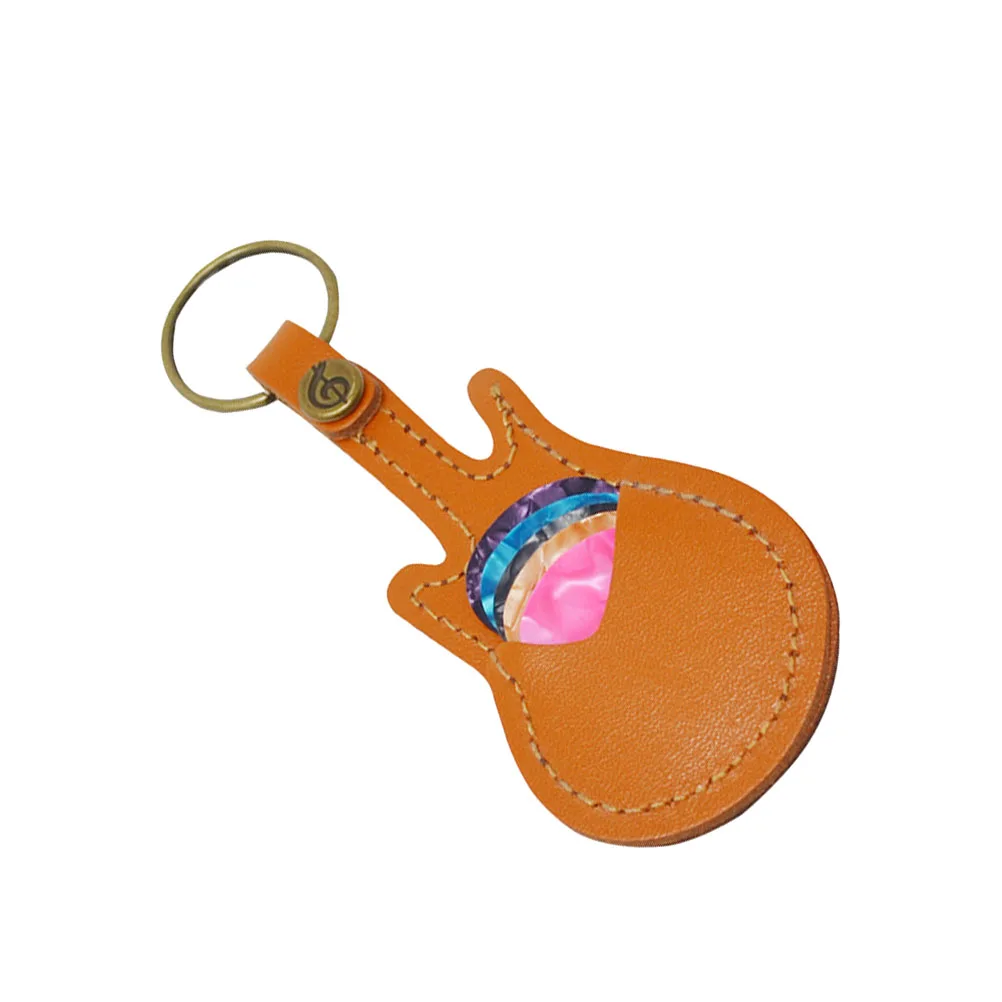 

1Set Holder Keychain Mini Guitar Shape Plectrum Case Bag Khaki Durable Copper Ring Key Storage Portable Guitar