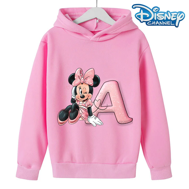 Minnie Mouse Letter A-Z Hoodies Disney Spring Autumn Girl Sweatshirt Anime Kawaii Y2k Pullover Top Clothing Kids Clothes Gift