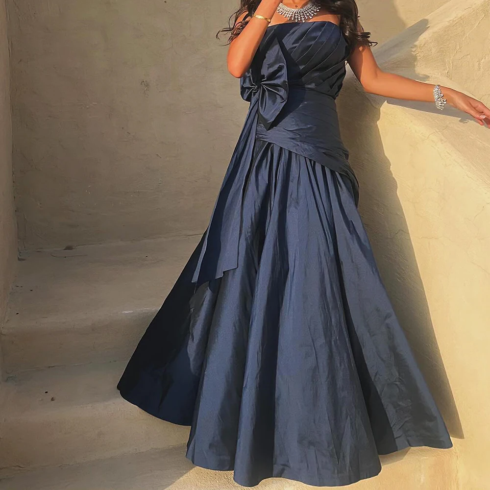 

Customized Modern Strapless Pleats Bow Prom Gown Temperament A-Line Jersey Black Custom Size Evening Dress vestidos para mujer