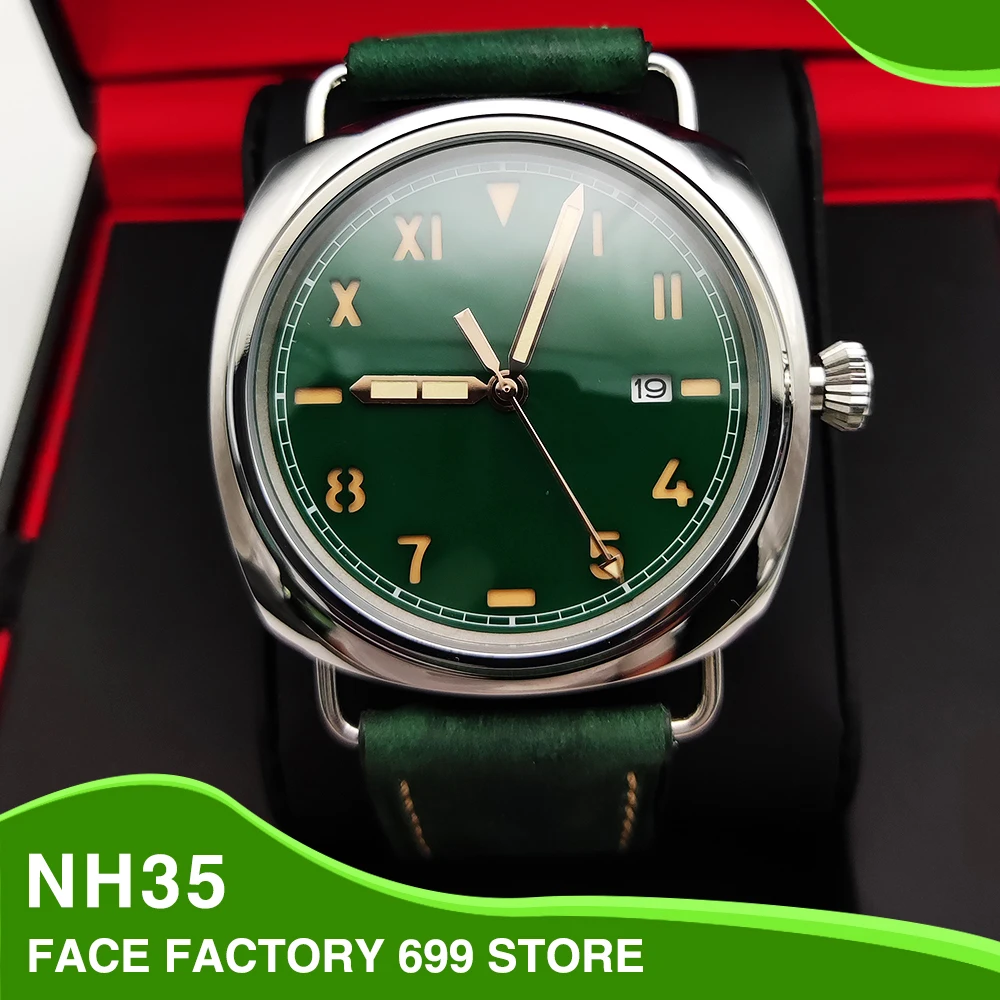 Men's Watch 45 mm Green NH35 Vintage Pilot's Manual Mechanical Men's Watch Green Luminous Aseptic Dial Movement