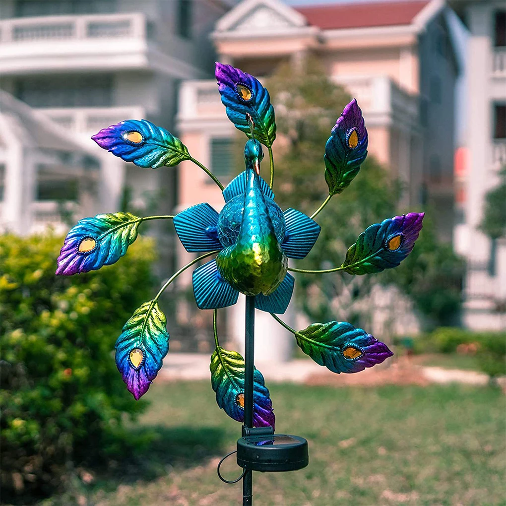 Solar Garden Lights Metal Peacock Shape Colorful Spinning Windmill with LED Cracked Crystal Ball Outdoor Decorat Stake Lighting