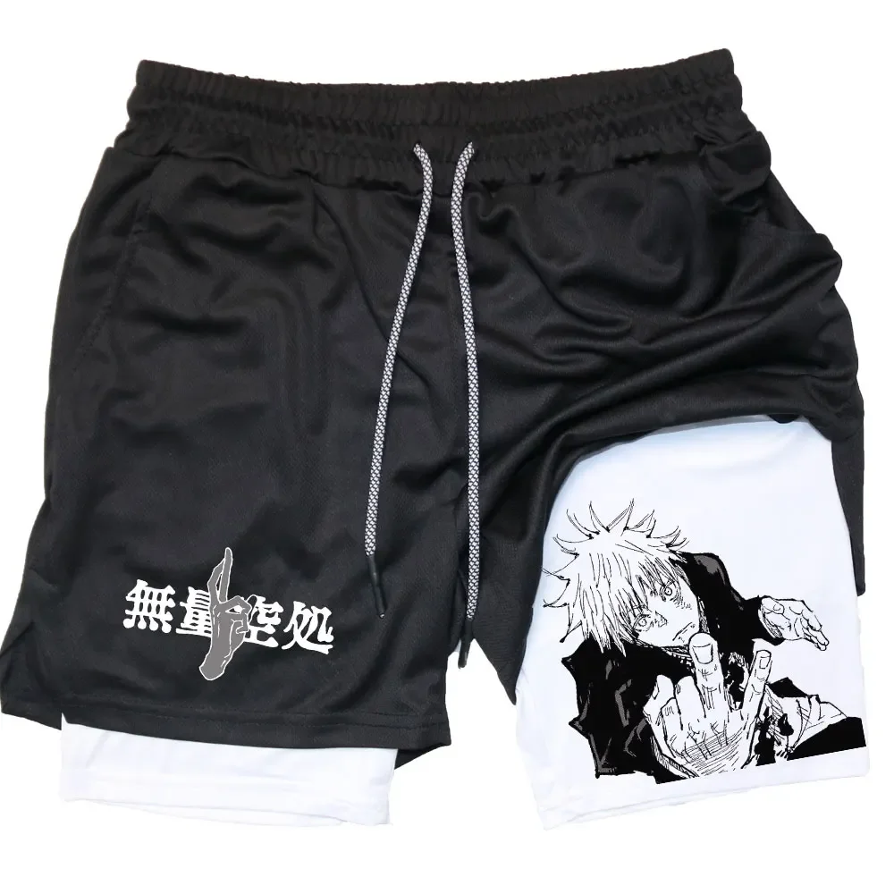 Shorts Masculinos de Compressão Anime 2 em 1, Gojo Satoru Print, Roupa Esportiva para Desempenho, Treino de Ginásio Masculino Shorts Esportivos de Fitness