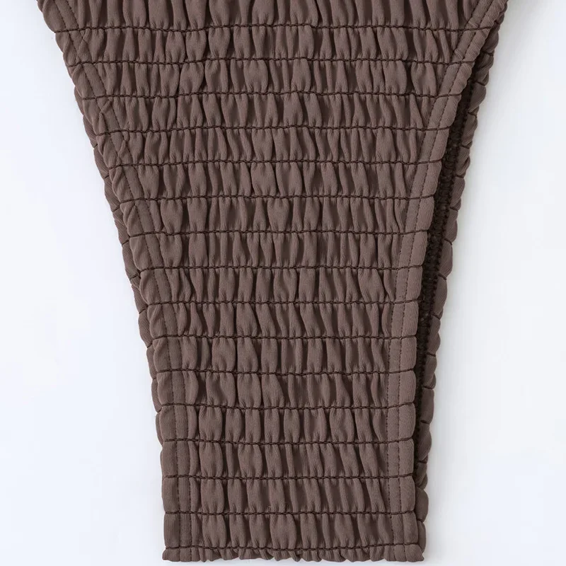 Sexy Brown Ruched Swimwear Triangle Halter String Bikinis Set Women Swimsuits High Leg Cut Bathing Suits Biquinis Bikini Mujer