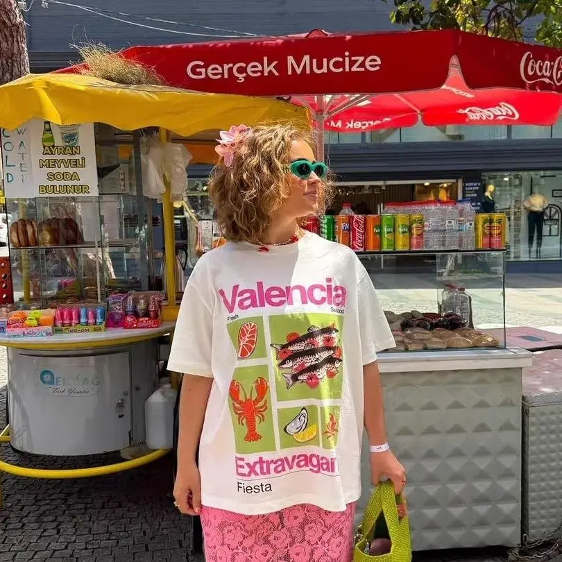 Sweet Girl CHIC Trendy Valencia Seafood Graphic T-Shirt Women Retro Spanish Seafood Print Summer Casual Oversized Tee