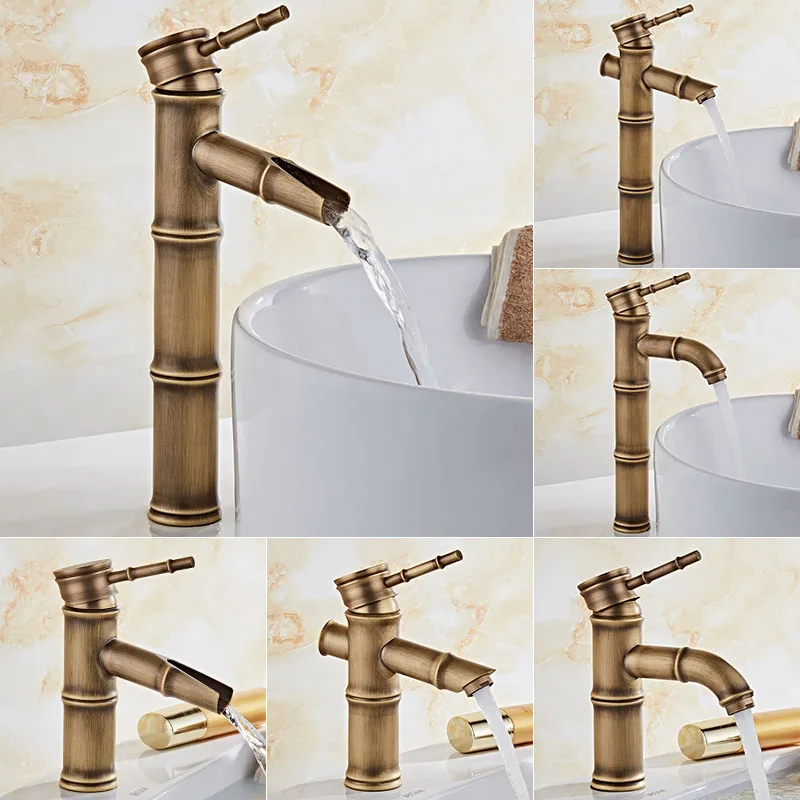 All copper antique faucet, bamboo joint, retro cold and hot European style countertop basin