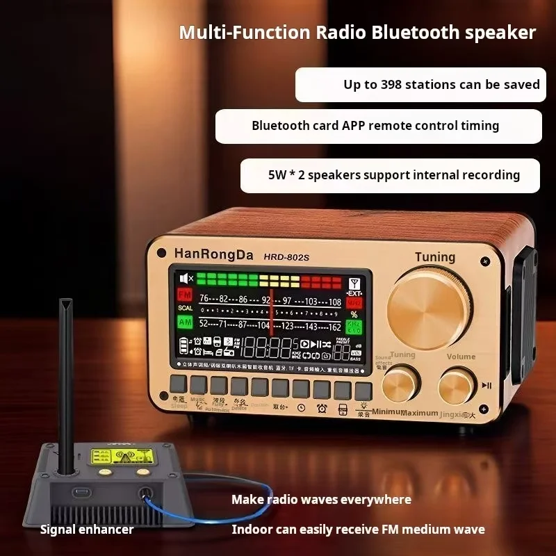 

HRD-802S Wooden Intelligent Clock Bluetooth Alarm High-Definition VA Display Radio Card Insertion Multifunctional Sound System