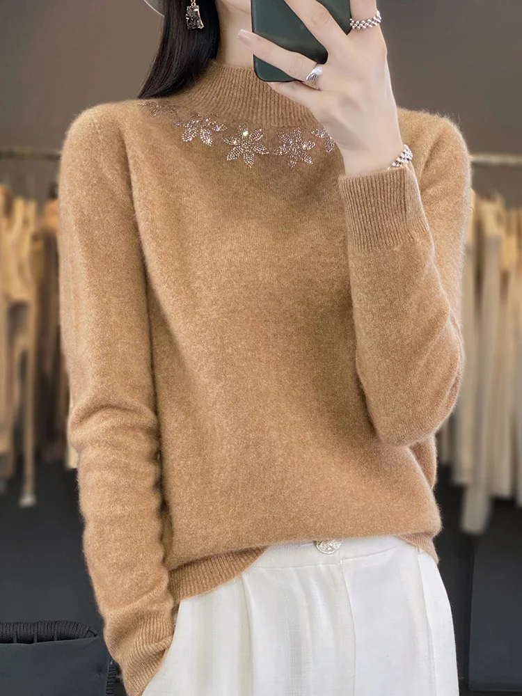Autumn Winter Merino Wool Women's Half-Turtleneck Pullover with Rhinestone Floral Design Warm Solid Color Long-Sleeve Base Shirt