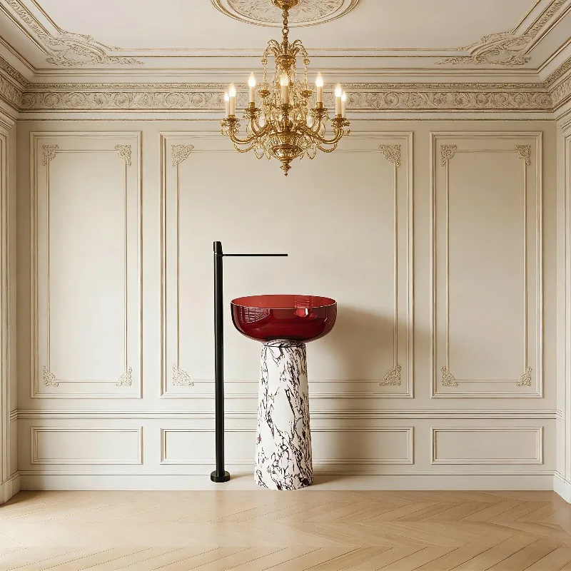 French retro marble floor-to-ceiling villa clubhouse hand washing wine red transparent washbasin